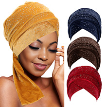 烫钻天鹅绒头巾帽 跨境热卖女士前额交叉包头帽Velvet turban