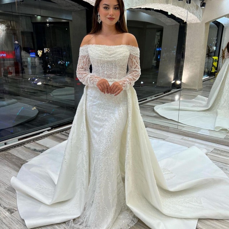 Sexy Shoulder Long Sleeve Mermaid Wedding Dress Crystal Beaded Detachable Two-Piece Fishtail Mop Wedding Dress Factory Outlet