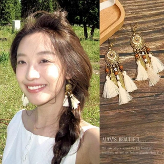 波西米亚民族风耳坠棉线叶子流苏耳环女夸张独特废土度假照耳钉