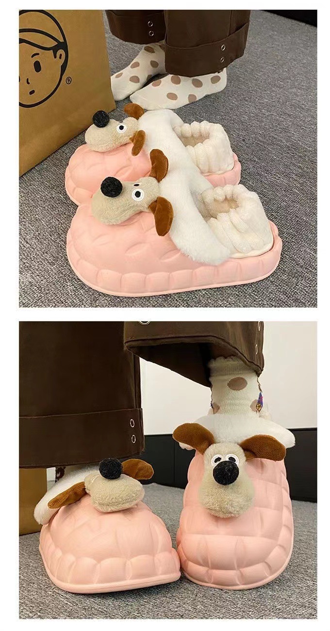 Pantofole da donna impermeabili con motivo a cane dei cartoni animati, antiscivolo, fondo spesso, calde e morbide, graziose scarpe di cotone per la casa e_voghion.com