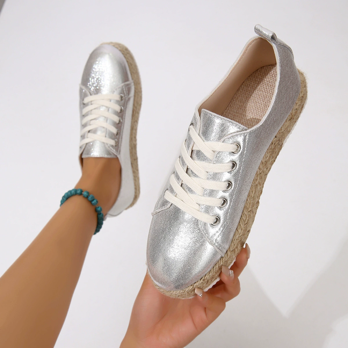 Европейская и американская внешняя торговля, льняная Однослойная обувь больших размеров на шнуровке, Женская трансграничная толстая подошва, Золотая дышащая обувь на низкой подошве, желает независимой станции