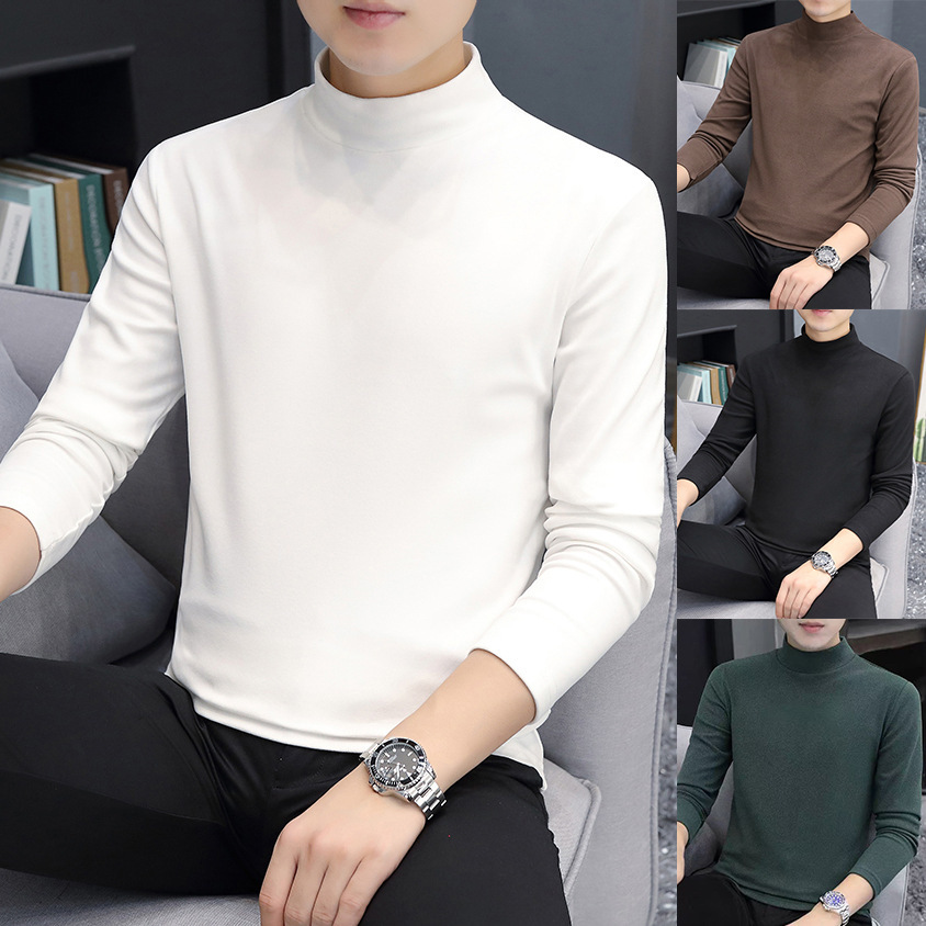 Double-sided fleece turtleneck T-shirt for men, long-sleeved German fleece base layer, thickened and warm inner layer, for export and cross-border wholesale.