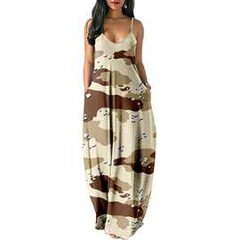 新款亚马逊夏季清凉款吊带长裙抽象迷彩 数码印花气质街头连衣裙