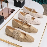 792-17 Korean version suede flat heel shoes with square toe and gentle women's shoes, shallow mouth flower decoration, low order shoes for women