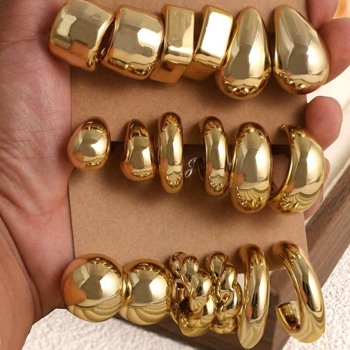Amazon Cross-Border Gold C-Shaped Resin Creative and Stylish C-Shaped Water Drop Earrings 3-Piece Set Wholesale Europe and America