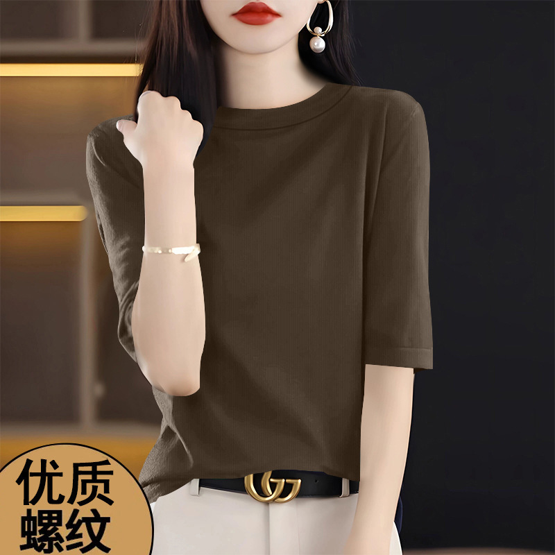Spring and Summer New Style Plus-Size Ribbed Five-Quarter Sleeve Top, Slim Fit, Lightweight, High-Quality, Commuter-Friendly Round-Neck T-Shirt Spring and Summer New Style Plus-Size Ribbed Five-Quarter Sleeve Top, Slim Fit, Lightweight, High-Quality, Commuter-Friendly Round-Neck T-Shirt
