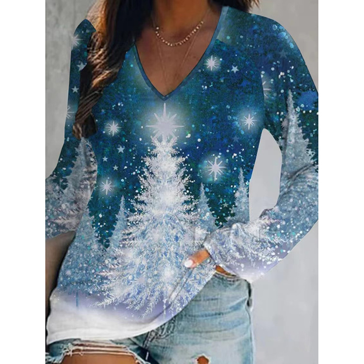 Women's T-shirt Long Sleeve Blouses Printing Casual Christmas Tree display picture 5