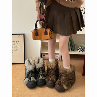 Jin Mi Vintage fleece-lined Thickened Height Increased Thick Bottom Snow Boots Women's 2024 New Winter Warm Maomao Cotton Boots