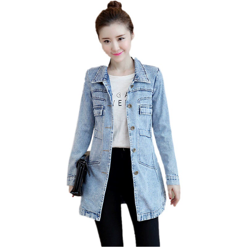 Женское джинсовое пальто в Корейском стиле с длинными рукавами, приталенный однобортный Тренч средней длины