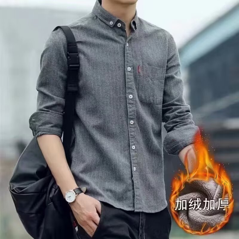 Shirt Men's Long-sleeved fleece-lined Thickened Korean Style Slim-fit Striped Scrub Men's Shirt Winter Casual Fashionable Jacket Bf
