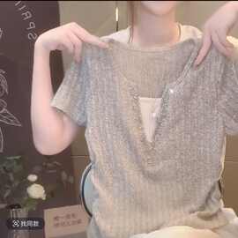 夏季新款假两件烫钻V领重工正肩T恤女显瘦遮肚上衣图片色无袖纯色