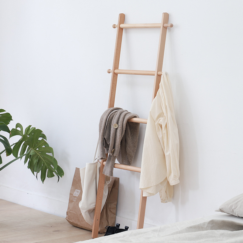 5YA1 bedside clothes rack floor-standing bedroom ins solid wood ladder clothes rack against the wall bathroom ladder rack hanging