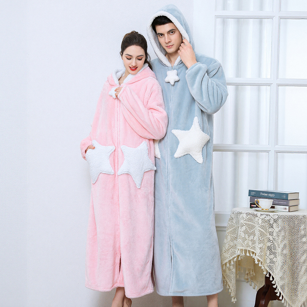 Camisón para parejas de talla grande, camisón con estampado de estrellas, ropa de dormir de forro polar coral grueso, estilo largo de franela para otoño e invierno, venta al por mayor transfronteriza. image 6