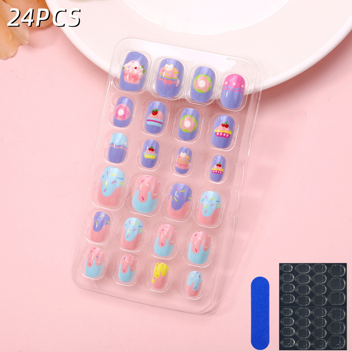 Juego de 24 piezas de uñas postizas para niños con diseño de dibujos animados, desmontables con adhesivo y exquisito diseño.