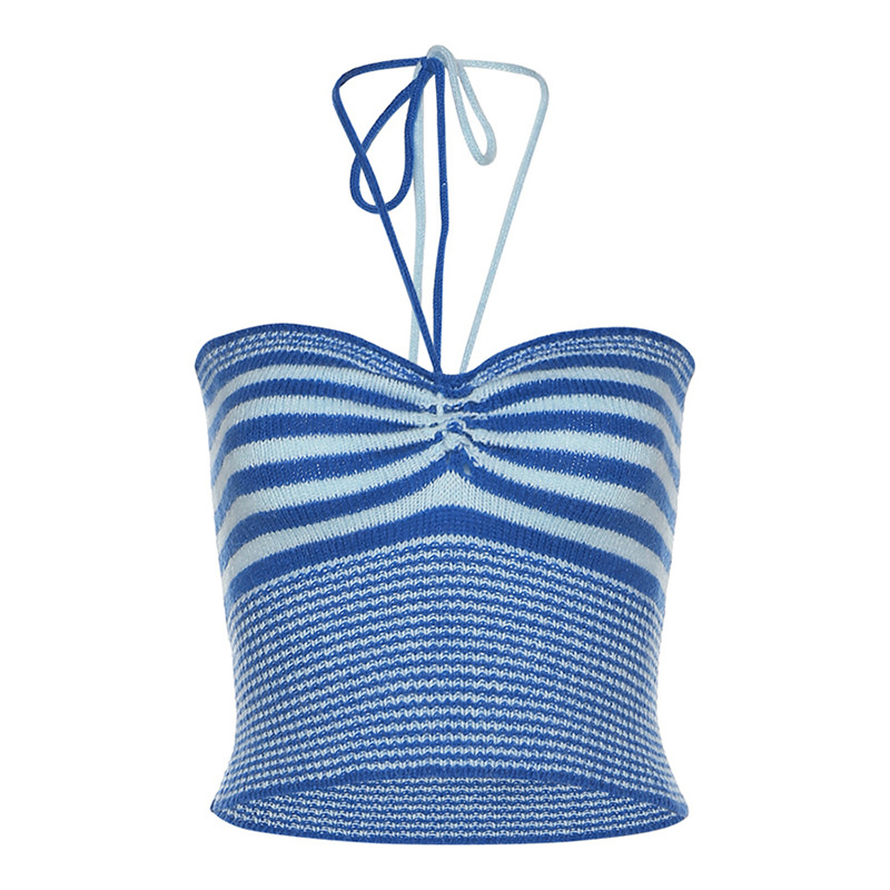 European And American Style 2022 New Summer Women's Fashion Striped Tube Top Hanging Neck Tie Low Neck Halter Short Vest
