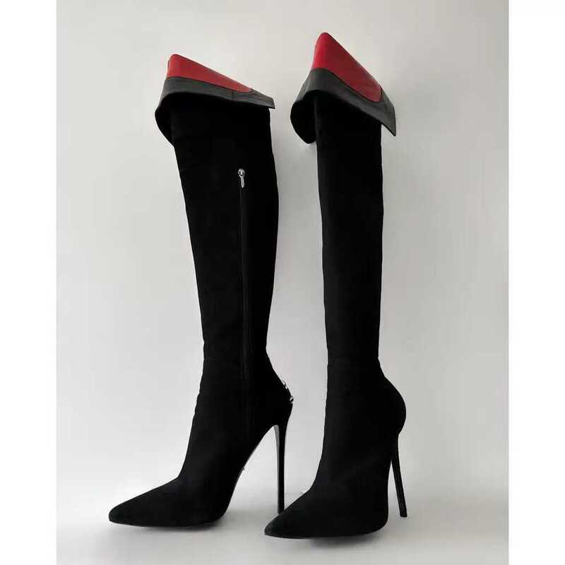12cm 2025 Spring Sword Show Style Foreign Trade Leather Boots Pointed Toe Side Zipper Genuine Leather Stiletto Over-The-Knee Boots Plus Size