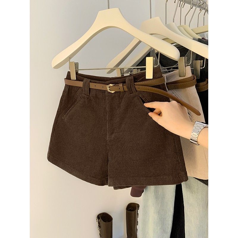 Brown Casual Autumn and Winter Shorts for Women 2025 New High-Waisted Retro A-Line Slim Corduroy Wide-Leg Boot Pants