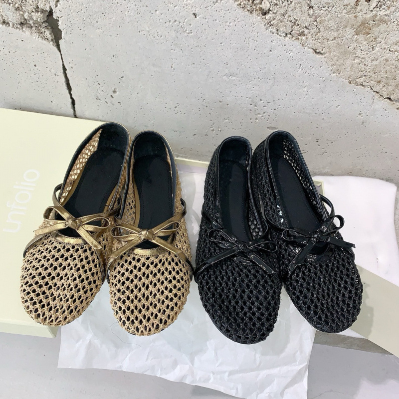 Niche Retro Bow-Knot Woven Flats Ballet Shoes for Women, Mesh Knitted Clogs, Round-Toe Versatile Half-Slippers