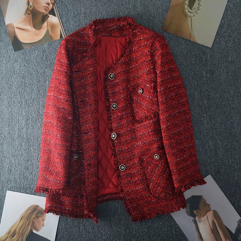 Осень и зима Новое пальто больших размеров в стиле Шанель для женщин, пухлые девушки, красный хлопок и утолщенный теплый твидовый Топ
