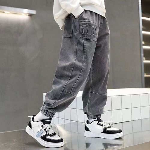 Children's Elastic Denim Pants Spring and Autumn Style 2025 New Arrival Boys and Young Teenagers Winter One-piece Fleece Pants