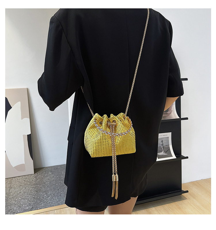 328g Weight Polyester Lining Material String Closure Type Single Shoulder Strap Strap Type Bucket Bag Bags Type Shopping Occasion Pu Leather Material Solid Color Pattern Women'S Gender Rhinestone Design Fashion Style Bucket Shape Small Size Women's Small Pu Leather Fashion Bucket Bag 12