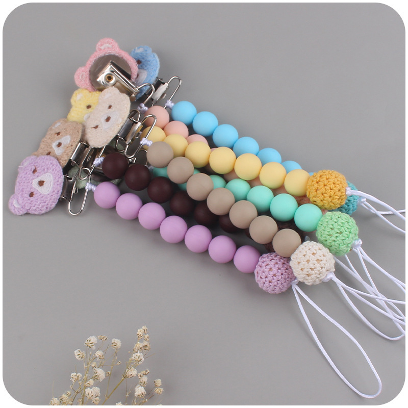 Nuevo bebé de dibujos animados oso chupete clip calmante bebé silicona contraste color cuentas de silicona morder pezón cadena anti-caída