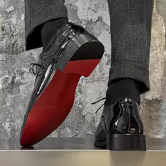 Men's Business Black Glossy British Style Red Bottom Commuter Derby Shoes Thick Sole Lace-Up Casual Leather Shoes Wedding Groom Formal
