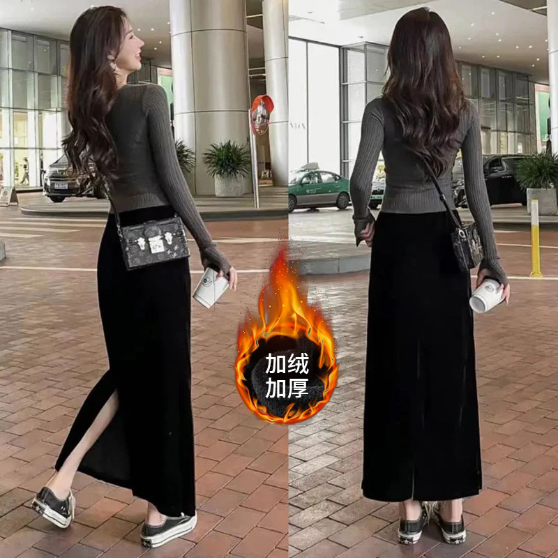 New Autumn and Winter Women's Velvet Skirt, Slim Fit, Mid-Length, Versatile Slit Skirt, Socialite Royal Sister Style Skirt for Women