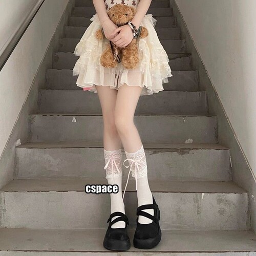 Lolita lace-trimmed spliced white over-knee socks, JK ballet-style with blue ribbon and bow—versatile long socks for students.