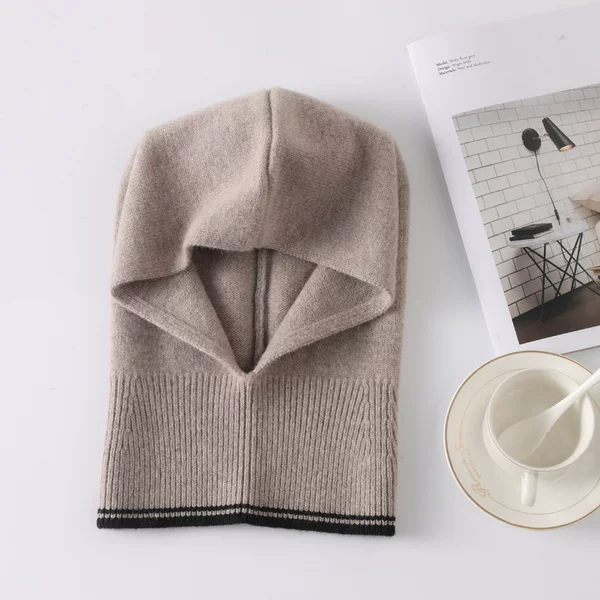 Pure wool balaclava for women, a one-piece knitted face and ear protector, a neck warmer, and a windproof and cold-resistant hood for autumn and winter