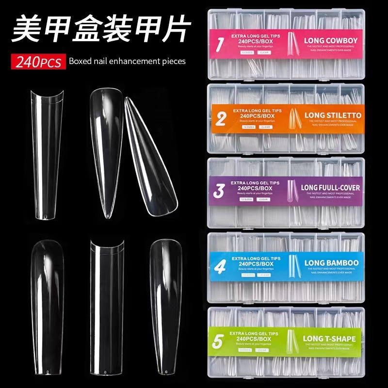 Manicure super largo tubo de agua manicure denim francés manicure falso 240 piezas parche en caja transparente 3XL parche completo al por mayor