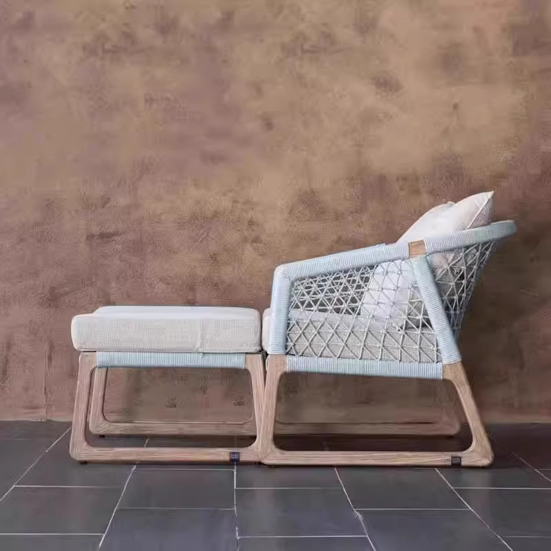 Sofá nórdico de teca al aire libre combinación de villa balcón al aire libre silla de caña ocio jardín al aire libre cuerda tejida muebles de madera maciza