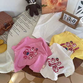 100%纯棉女童圆领t恤短袖2024新款夏印花卡通中小童半袖上衣潮牌