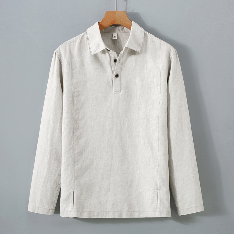 2554 Pants Suit Chinese Linen Shirt Men's New Long-Sleeved Loose Thin Pure Color Lapel Casual Shirt