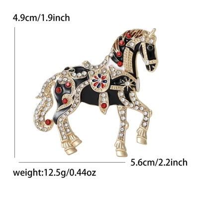 Cross-Border Diamond-Encrusted Palace-Style Enamel Light Luxury Horse Brooch for Men and Women, Suit Coat Brooch, Jewelry Pin, Zodiac Accessory (Yaxa sancaqları) - kc-gold-black-5205-bk