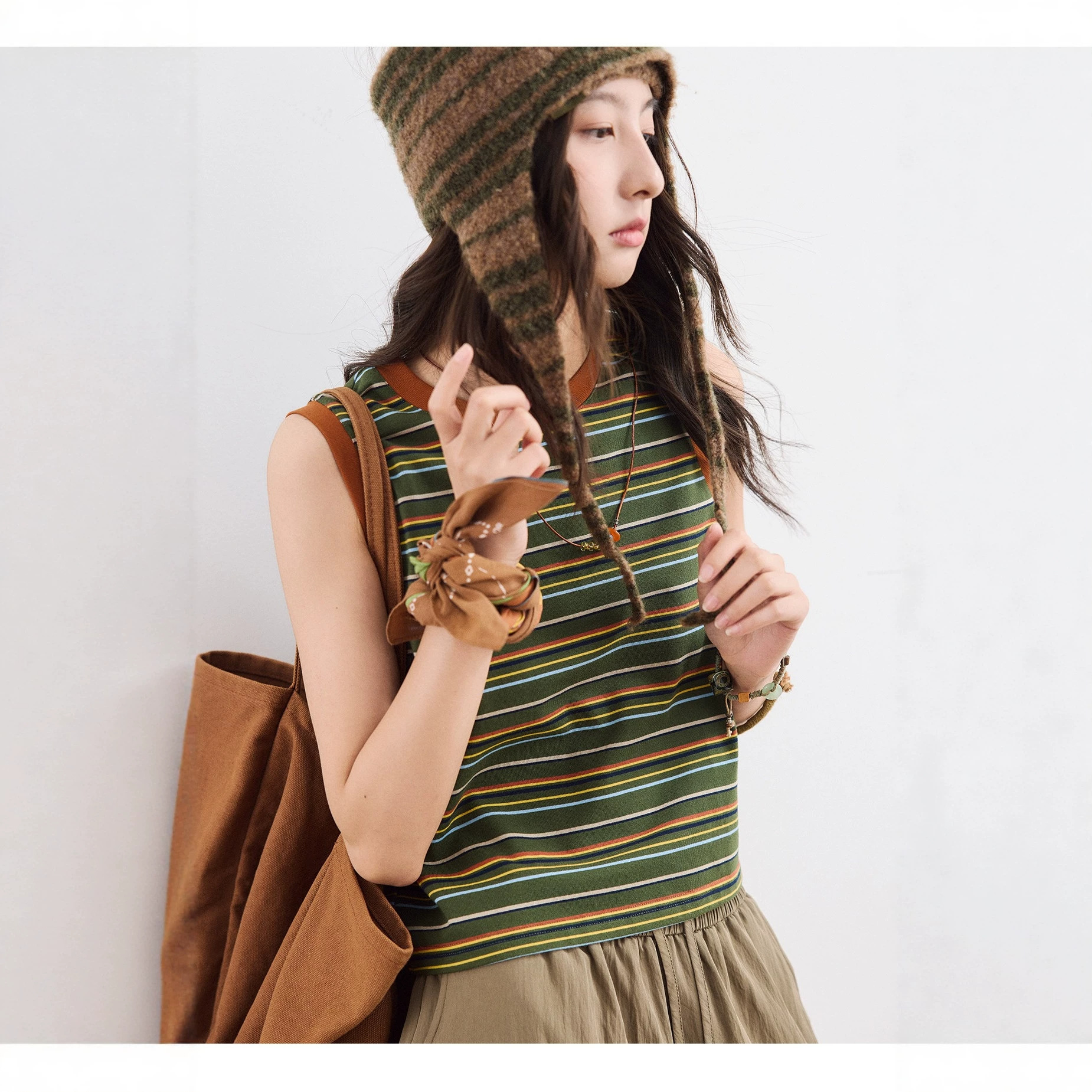 ZM76 Korean Style Striped Color Block Sleeveless Camisole Vest for Women, 2026 Summer New Arrival, Round Neck, Straight Cut