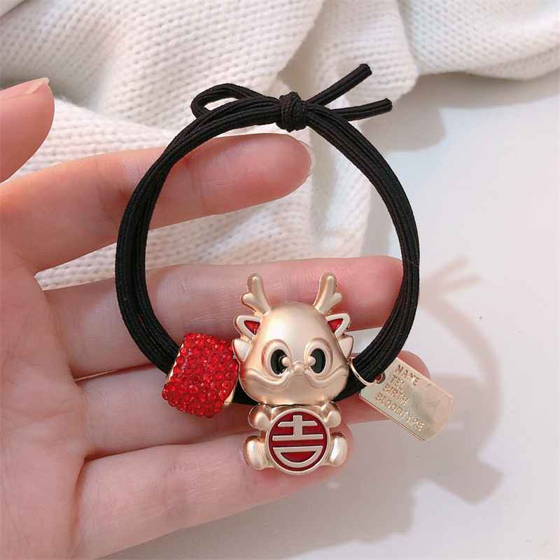 Año del Dragón Zodiaco de alta sensación metal rojo Año Nuevo anillo de cabello de alta altura cuerda elástica cuerda de cabello festiva adornos para el cabello