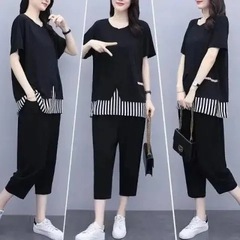 夏の新作大きいサイズ婦人服ファットMM 100kg スプライスストライプトップスゆったり痩身9点パンツ2点セット女性用