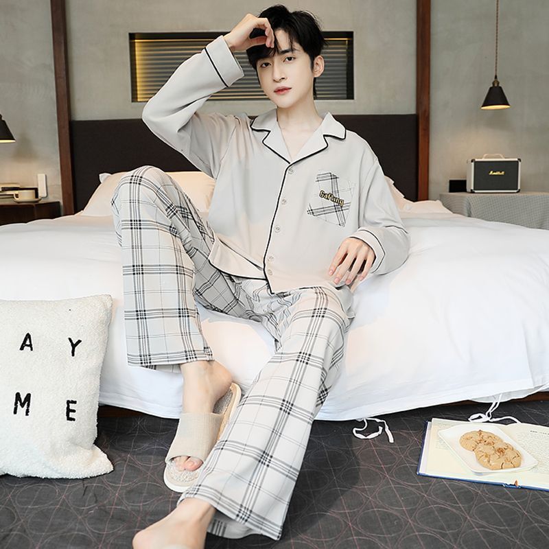 Pijamas de algodón para hombres primavera y otoño pantalones de manga larga casuales de dos piezas