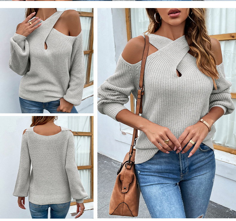 ChicShe ChicShe 2023 Herbst Winter Neue Feste Farbe Off-Schulter Kreuz Halter Laterne Hülse Gestrickte Pullover Für Frauen_voghion.com