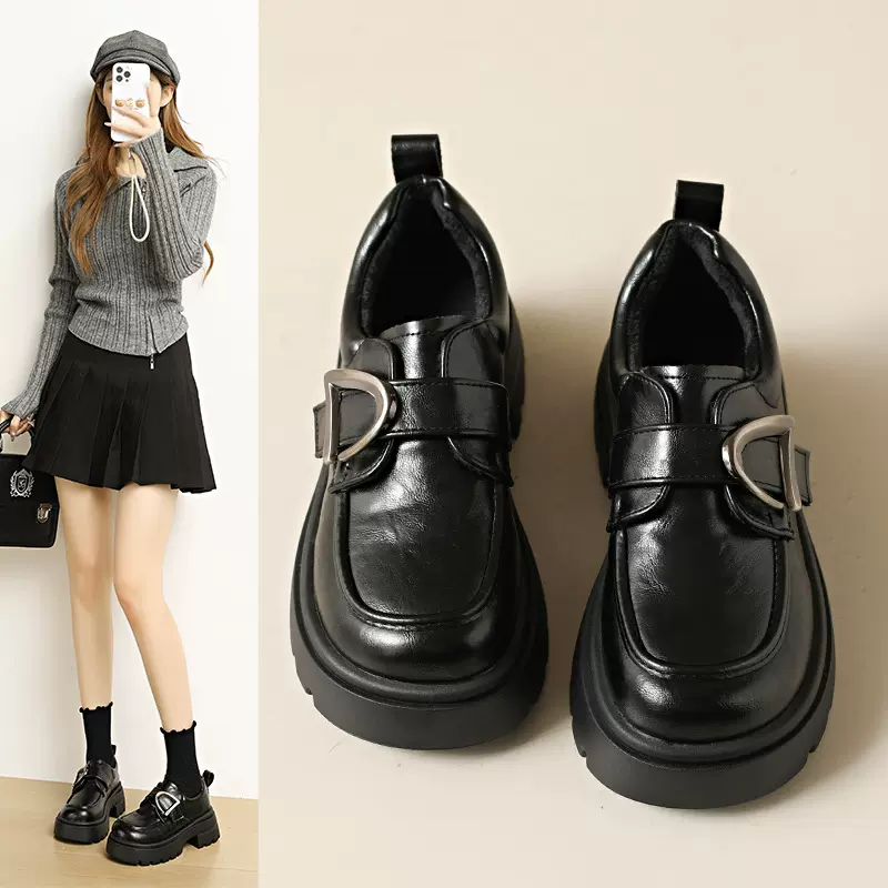 软皮厚底乐福鞋女2025秋冬新款厚底英伦风覆古防滑jk小皮鞋单鞋潮