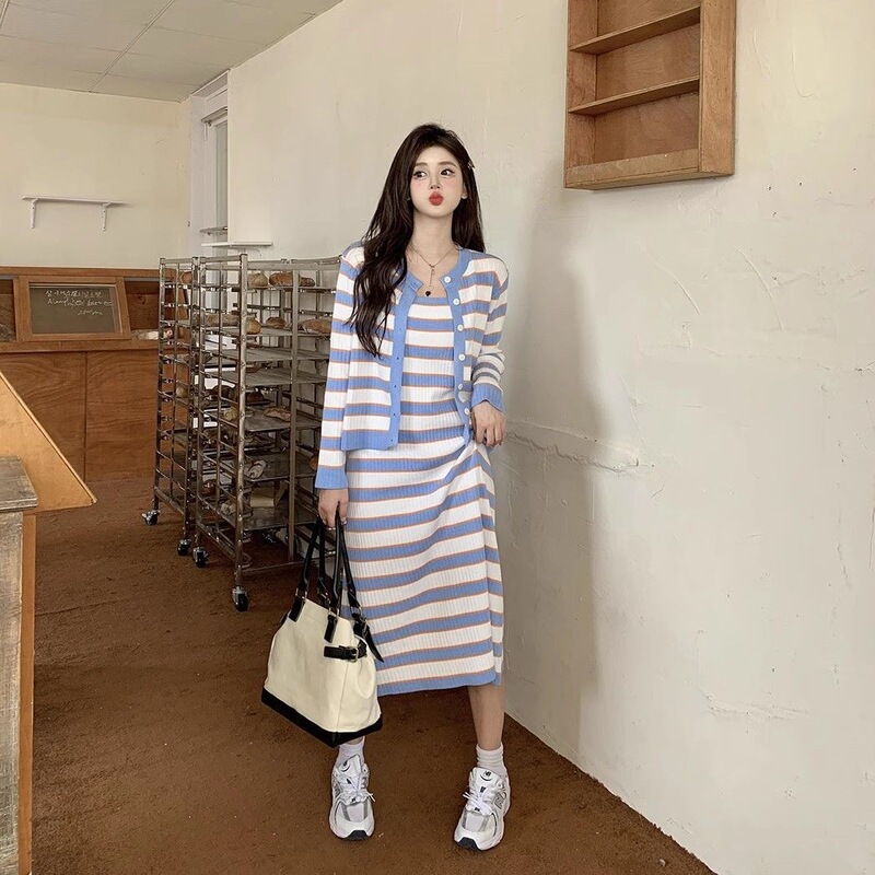 Plus-Size Women's Autumn Outfit Slimming and Figure-Flattering Set for Women, Striped Knit Cardigan and Strap Dress Two-Piece Set Plus-Size Women's Autumn Outfit Slimming and Figure-Flattering Set for Women, Striped Knit Cardigan and Strap Dress Two-Piece Set
