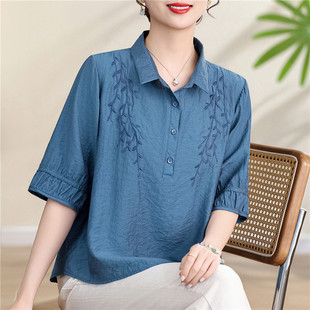Fashionable Summer Outfit for Moms: New Shirt with a Turn-Down Collar, T-Shirt for Middle-Aged and Elderly Women, Stylish Chinese-Style Shirt Top