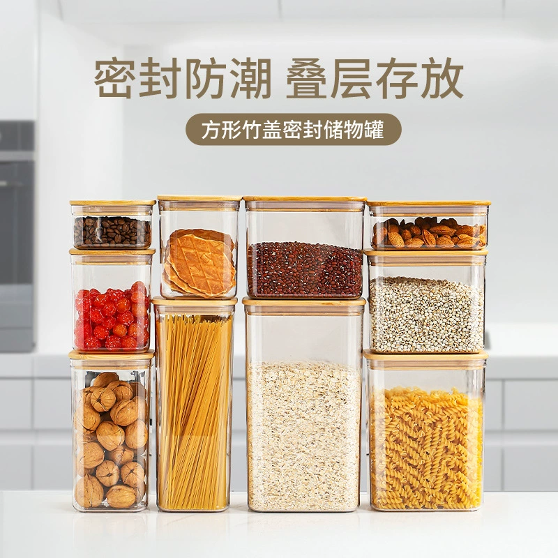 Airtight Square Storage Container with Bamboo Lid, Transparent Plastic, Multiple Capacities