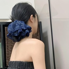 夏日牛仔色雪纺大肠发圈小蛮腰复古印花法式中古腰果花发圈头花女