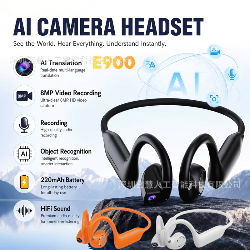E900 popular smart AI earphones with bone conduction, 8-megapixel camera, simultaneous translation, call recording