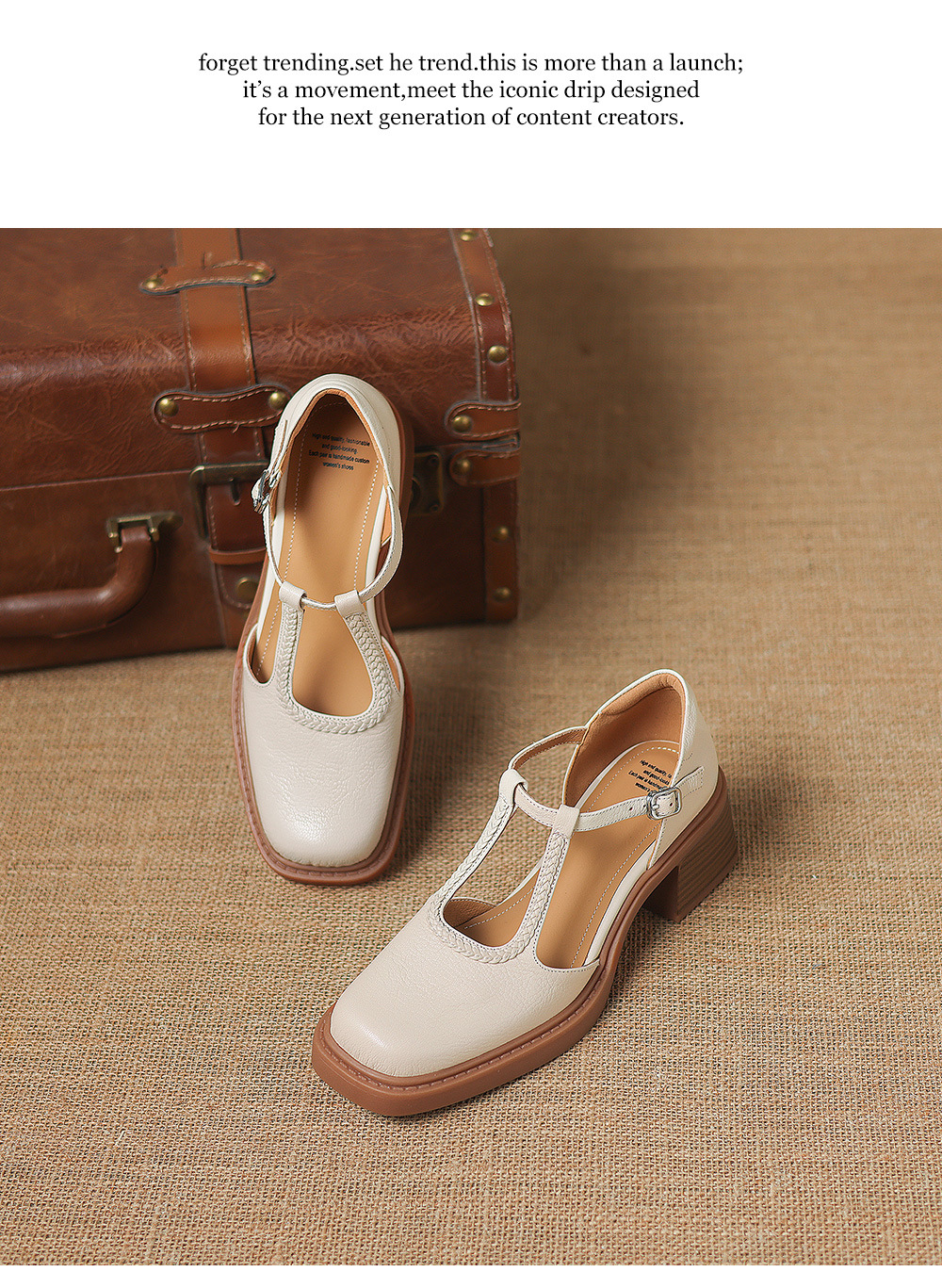 Sandal cao gót nữ mũi vuông quai chữ T đế dày — màu trắng ngà chi tiết 15