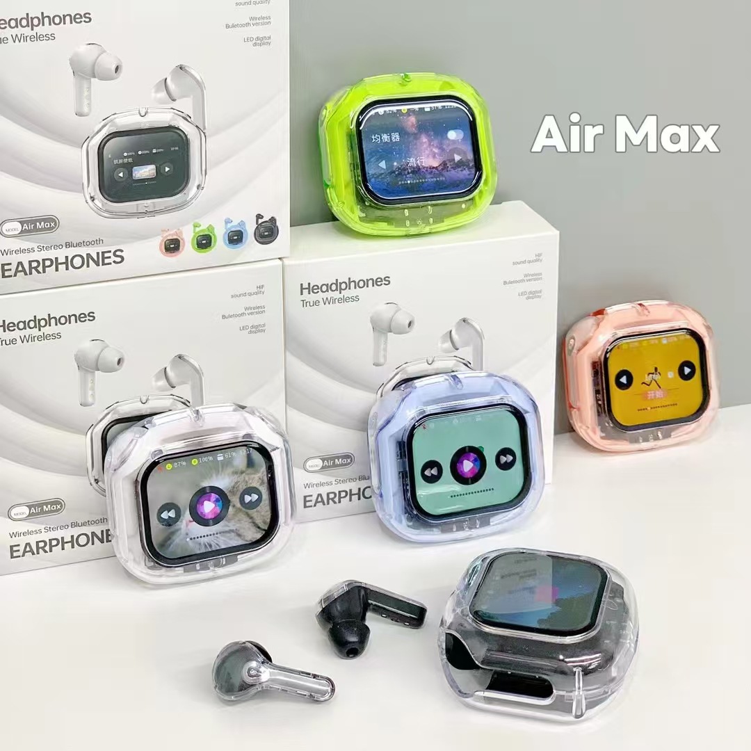 Pantalla de color transfronteriza auriculares Bluetooth inalámbricos verdaderos Air Max totalmente transparente pantalla grande auriculares Bluetooth de larga duración azul