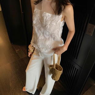 2025 Socialite French Style Blouse Sleeveless Top Women's Three-Dimensional Rose Mesh Patchwork Vest Solid Color My369