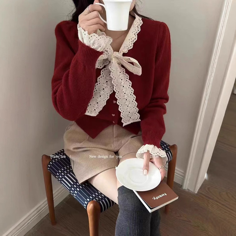 Christmas Clothing French Bow Red Lace Base Shirt Women's Autumn and Winter Slim-fit Inner Sweater Knitted Shirt Top
